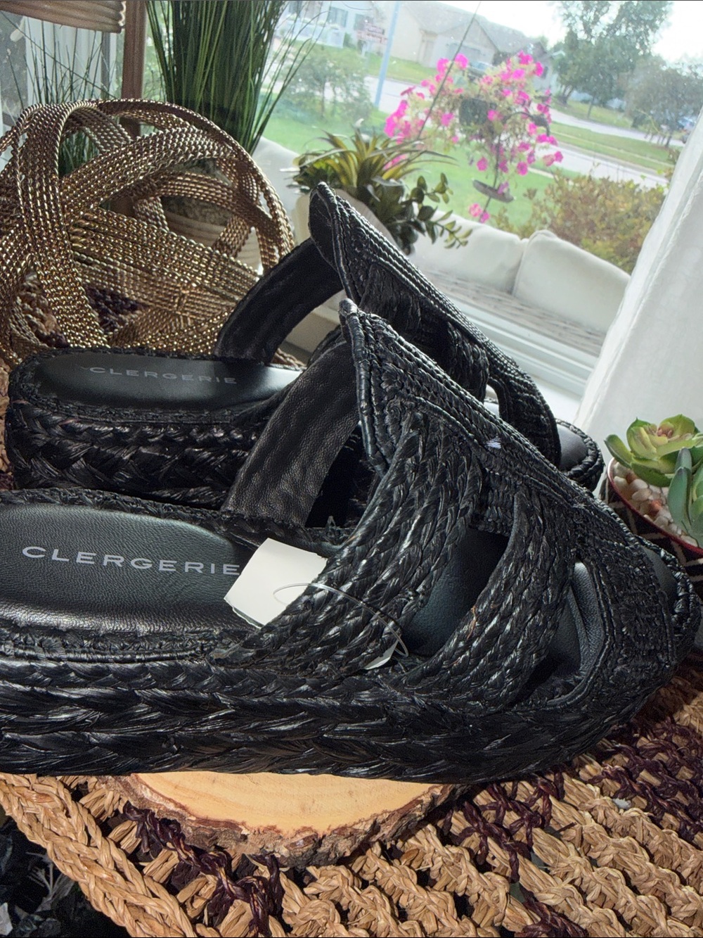 Clergerie Black Woven Raffia Platform Wedge Sandals - Picture 8 of 12